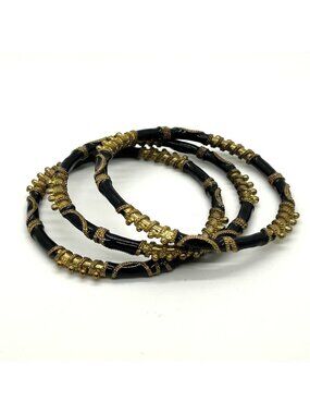 Vintage 1980s Black Enamel Gold Tone Metal Bangle Bracelet Set Stacking  Boho